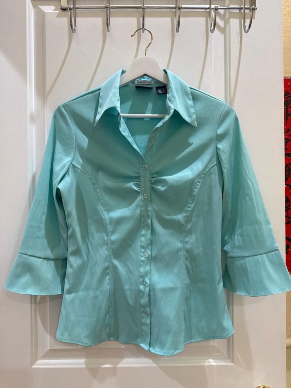 Cotton Express Turquoise Ruched Button-Up Blouse - Picture 3 of 5